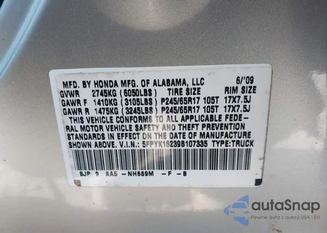 2009 Honda Ridgeline Rt from USA, damaged, VIN 5FPYK16239B107335